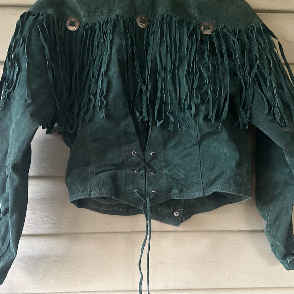 Vintage Army Green Leather Fringe Jacket Body Exteriors Philippines Western - Picture 11 of 16